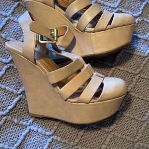 Beige Strappy Wedge Sandals - Women
